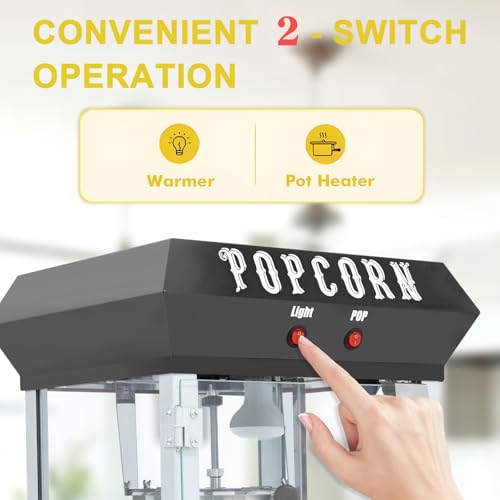 Image of Commercial Popcorn Maker Machine, 6oz Stainless Steel Kettle with Tempered Glass & Warming Deck, 600W Countertop Popper for Theater, Parties, Events