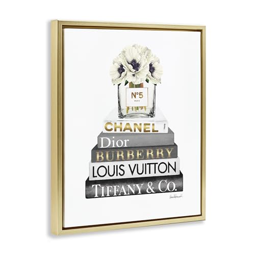 Stupell Industries 'White Poppies Grey Fashion Books', Floating Frame Canvas Art, Gold, 25 x 31 Inches, Easy to Hang and Sturdy, Made in USA, by Amanda Greenwood by Stupell Industries - Image 2