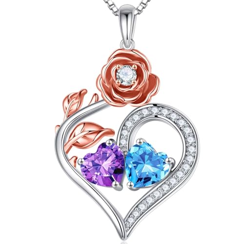 Iefil Rose Heart Birthstone Necklaces for Women - 925 Sterling Silver Double Birthstone Necklace, Anniversary Birthday Gifts for Women, Jewelry Gifts for Wife Her