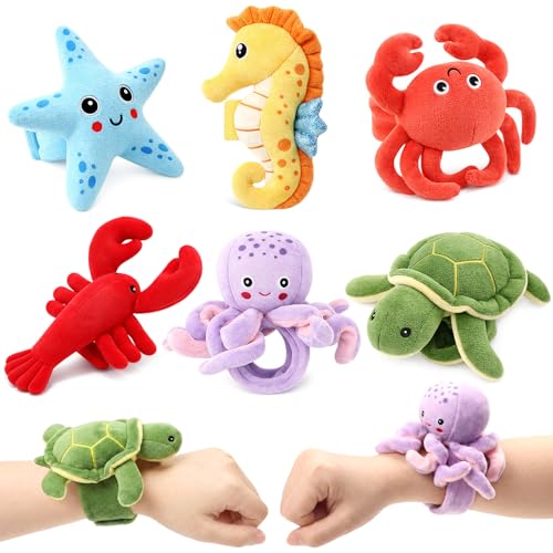 Gemscream 6 Pcs Stuffed Animal Slap Bracelets for Kids, 8 Inch Graduation Classroom Prizes Toy, Wrist Cute Snap Bracelets Birthday Gifts for Boys Girls Pet Adoption Party Favors(Ocean Theme)