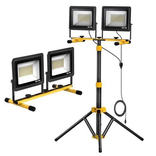 Upgraded LED Work Lights with Stand, 2-Head Adjustable Work Light, Waterproof Tripod Worklights with 16.5 FT Cord for Outdoor & Indoor Job Sites, Workshops, Construction, Garage Lighting