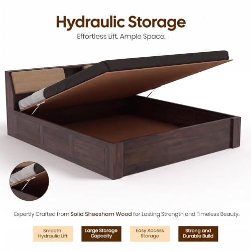 Image of Ganpati Arts Solid Sheesham Wood Mayor King Size Bed with Hydraulic Storage & Headboard Storage | Wooden Double Bed Cot Palang Furniture for Bedroom, Home & Hotel (Walnut Finish)