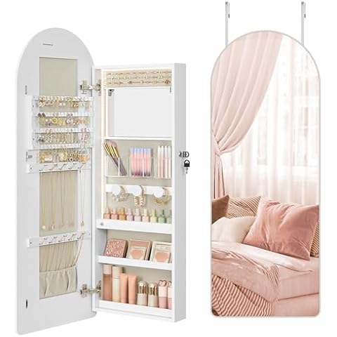 SONGMICS Wide Jewelry Organizer, LED Jewelry Cabinet Wall/Door Mounted, Arched Mirror with Storage, Lockable, Rounded Corner, Interior Mirror, 3.9 x 16.5 x 42.5 Inches, Cloud White UJJC020W01 Cover