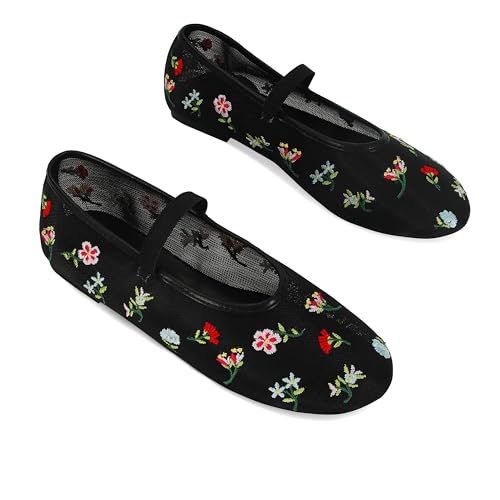 Image of Mesh Ballet Flats for Women Embroidered Floral Mary Jane Flats Comfortable Casual Daily Dress Ballerina Shoes