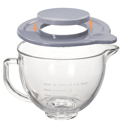 5QT Glass Bowl Compatible with KitchenAid 4.5 and 5-Quart Tilt Stand Mixers,Glass Mixing Bowl with Lid, Measurement Markers and Handle, Dishwasher Safe