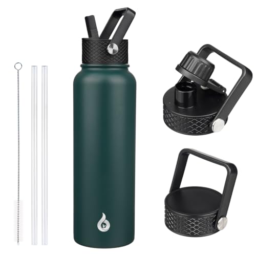 Image of BJPKPK Insulated Water Bottles with Straw Lid, 40oz Stainless Steel Metal Water Bottle with 3 Lids, Reusable Thermo, Keep Cold Hot for Sports, Gym-Army Green