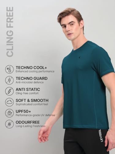 Image of TECHNOSPORT Men's Solid Slim Fit Round Neck T-Shirt TECHNOCOOL+ Half Sleeve Slip On Polyester for Gym Running Workout UPF50+ Anti Odour
