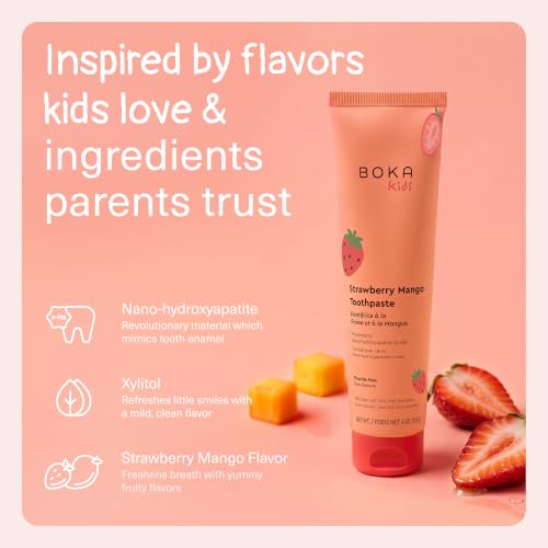 Image of Boka Kids Toothpaste - Fluoride Free Nano Hydroxyapatite Toothpaste | Kids Oral Care - Strawberry Mango - 4 Oz, 3PK