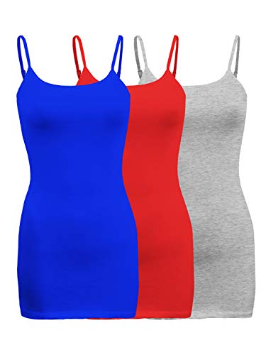 ShezPretty 3-Pack - Women's Basic Cami with Adjustable Spaghetti Straps Tank Top (Small, Royal Blue/Red/H.Grey)