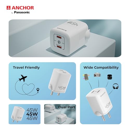 Image of Anchor by Panasonic Type C Dual Port 45W GaN Fast Wall Charger, Compact Travel Adapter with Short Circuit Protection, High Speed Charging for Samsung, iPhone, Headphone, Camera