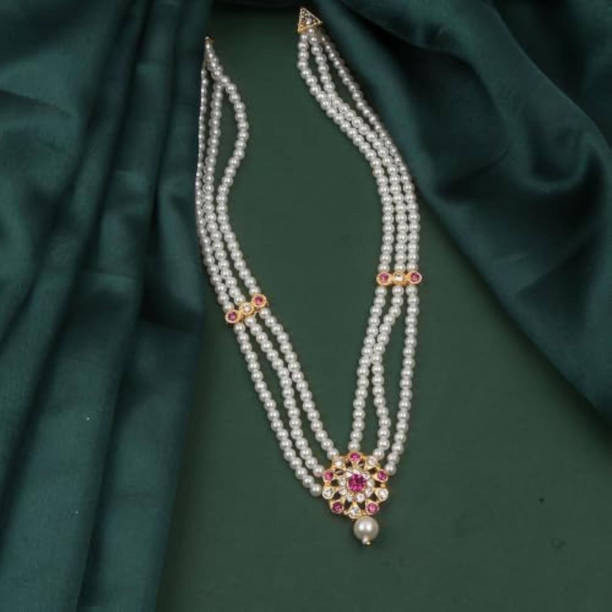 Elite Three Layer Pearl Mala Necklace with Pink Stone Pendant