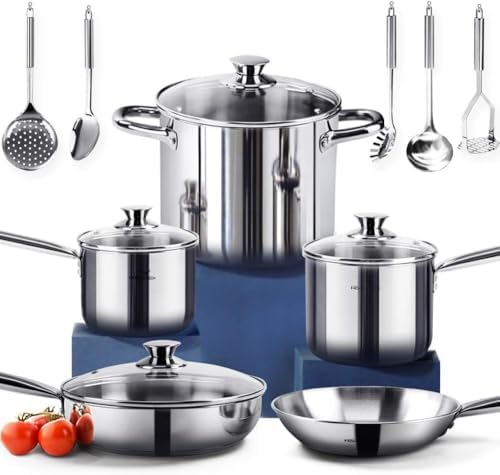 HOMICHEF 14-Piece Nickel Free Stainless Steel Cookware Set - Nick...