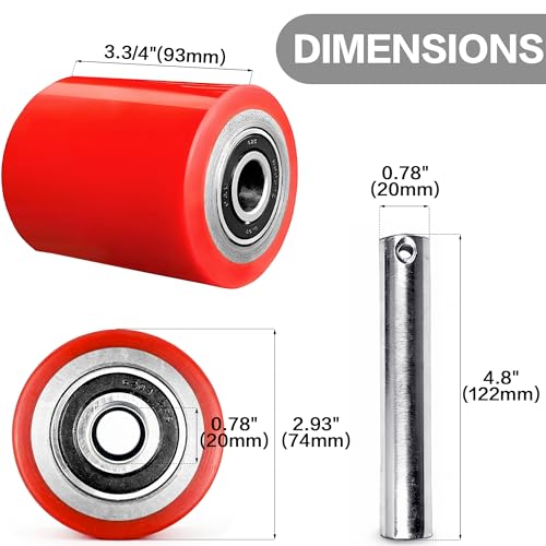 Image of Heavy Duty Pallet Jack Load Wheels Replacement Kit 3 inchx3.75 inch (Red,3 Pair) | Including PU Tread Wheel,Pre-Installed Bearings ID 20mm,Axles(Length 4.8 inch) & Pins, Also for Manual Hand Lift Truck Rear