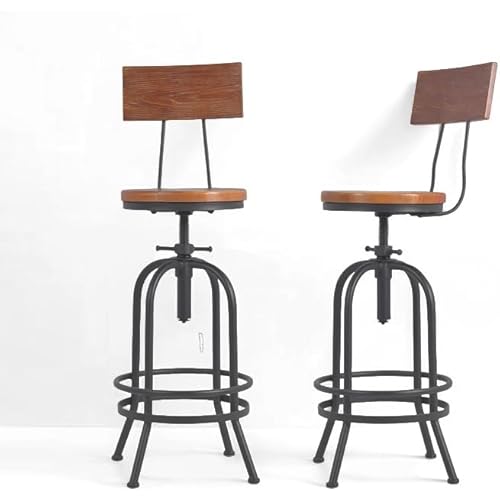 Set of 2-Industrial Bar Stools with Backrest-Swivel Wood Seat-Bar Counter Height Adjustable 26-32.2inch-Kitchen Island Dining Chair
