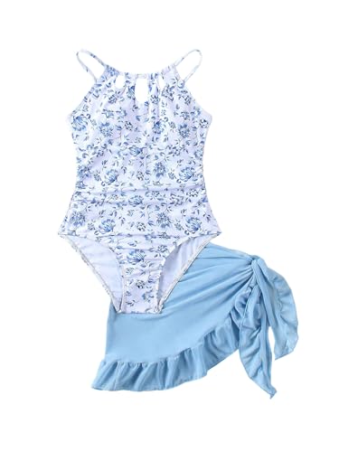 Milumia Girl's Floral Halter Cutout One Piece Swimsuit with Ruffle Cover Up Skirts