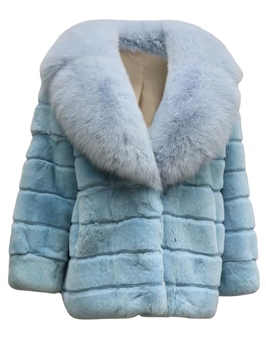 Women's Genuine Rex Rabbit Fur Coat Thick Warm Fur Jacket with Large Fox Fur Collar