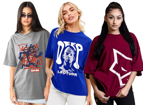 Image of LEOTUDE Women Cottonblend Oversized Baggy Fit Half Sleeve Round Neck Multicolor Combo T-Shirt for Women & Girls (Pack of 3)
