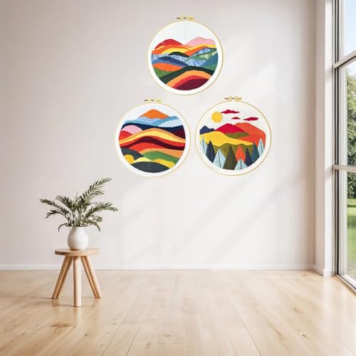 Image of Xinpinzhou 3 Pcs Mountain Landscape Embroidery Kit for Beginners Adults | Beginning Easy Stamped Funny Hand Embroidery Patterns Starter Kits Set Bordado with Cloth, Thread, Needle, Hoop, Scissors