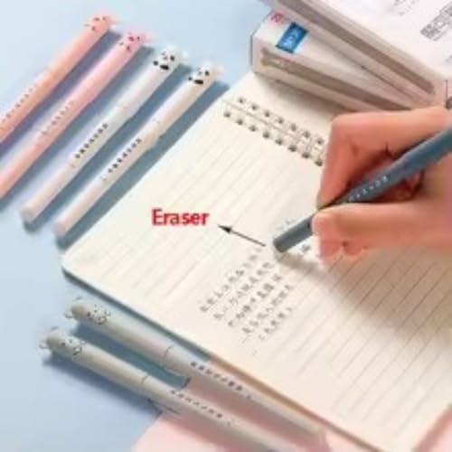 Image of 4 in 1 Erasable Blue Gel Pens with Back Eraser Tip | Plastic Body Smooth Writing Pens for School Office Students and Kids | Fun Character Design