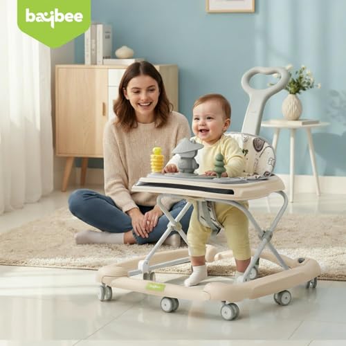Image of Baybee 3-in-1 Baby Walker for Kids 6 to 18 Months with Rocker Mode, Removable Toy Bar, Adjustable Height, Inbuilt Music, Sunshade & Smooth 360 Wheels | Easy Folding Walker for Boys & Girls (Beige)