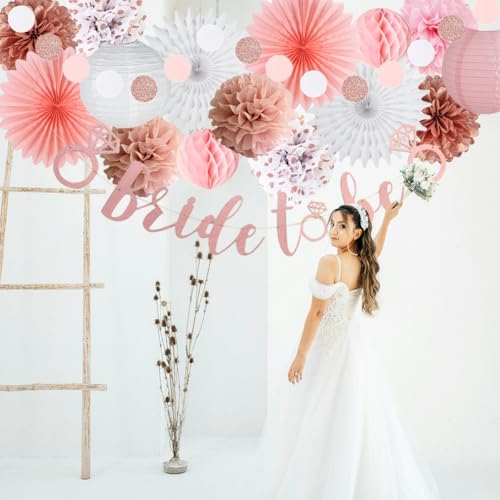 Image of Bachelorette Party Decorations Pink Rose Gold Bridal Shower Decorations Rose Gold Bride To Be Banner Dusty Pink Paper Pom Poms Wedding Shower Engagement Party Decor