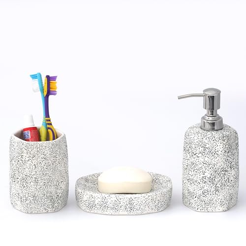 Image of Premium Ceramic Bathroom Accessories Set of 3 | Modern Luxury Bath Set with 300ml Soap Dispenser, Toothbrush Holder & Soap Dish | Bathroom Decor Items | White & Black Dotted Pattern