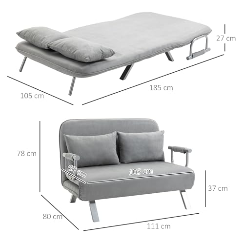 HOMCOM 2 Seater Sofa Bed, Click Clack Convertible Bed Settee, Modern Velvet Feel Fabric Sofa with 2 Cushions for Living Room, Bedroom, Guest Room, Light Grey - Image 3