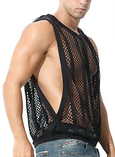 MIZOK Men's Fishnet Mesh Tank Tops Sexy See Through Workout Vest Sleeveless Sheer Muscle Shirts