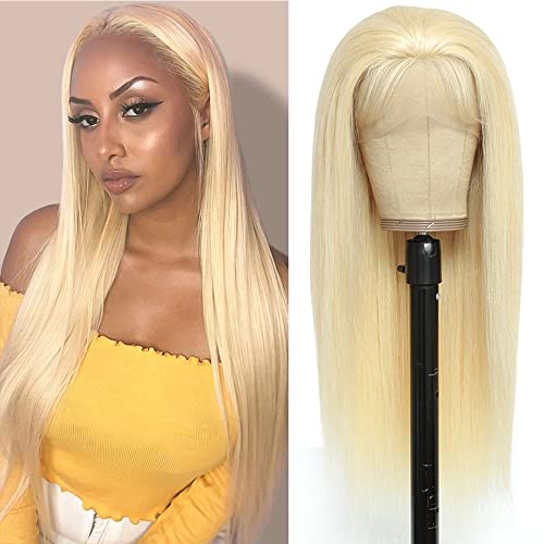 Perruque Blonde Lace Closure Cheveux Humain Perruque Bresilienne Naturel Blonde Couleur #613 Hair 4x4 Lace Closure Wig Blonde Grade 8A Real Remy Human Hair Court 14 pouces Cover