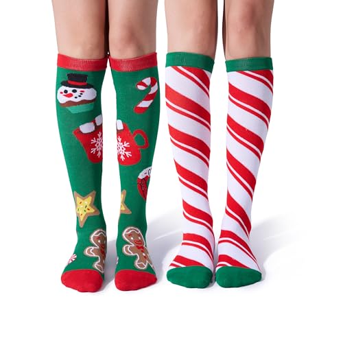Giggling Getup 2 Packungen kniehohe Wintersocken für Damen für Weihnachten, warme, weiche Neuheitssocken für Weihnachtsfeiertage, Geburtstagsgeschenk