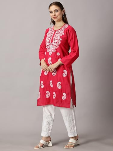 Image of FCH, Fashionable Chikan Handikraft Women's Cotton Lucknowi Chikankari Printed Straight Kurta for Regular Wear Girls Flared Kurta
