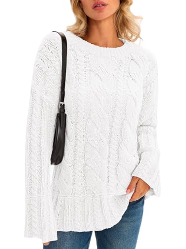 Saodimallsu Womens Chunky Cable Knit Sweaters Long Sleeve Crew Neck Fall Casual Loose Warm Pullover Tops