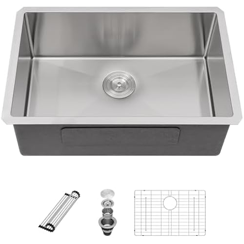 Sarlai 26 Inch Undermount Kitchen Sink- 26x18 Inch Undermount Stainless Steel16 Gauge Single Bowl Under Counter Kitchen Sink Round Corner Basin