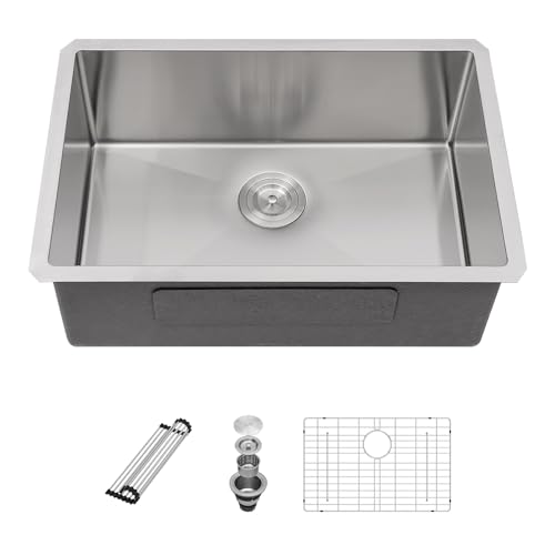 Sarlai 26 Inch Undermount Kitchen Sink- 26x18 Inch Undermount Stainless Steel16 Gauge Single Bowl Under Counter Kitchen Sink Round Corner Basin by Sarlai - Used condition - US$179.40