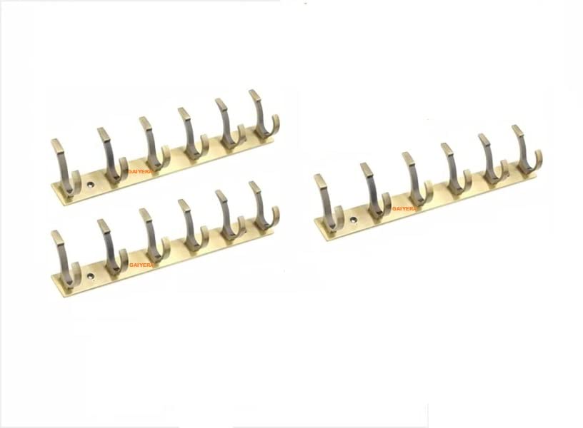 GAIYERA-Classic Brass Antique Finish Cloth Hanger Wall Door 6 Pins SC Hooks Rail for Hanging Clothes Home and Kitchen Use (Dual Edge Quantity 3 Pcs) -