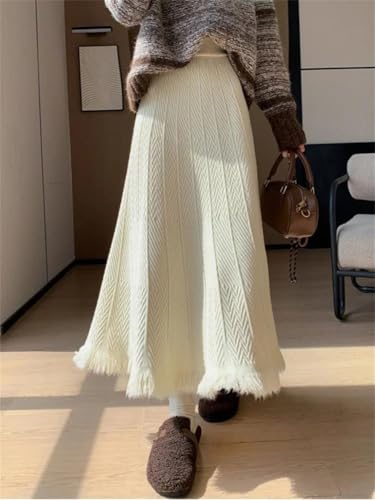 Women's Thick Knitted Mid-Length Skirt High Waist Tassel Large Swing A-Line Long Skirt2