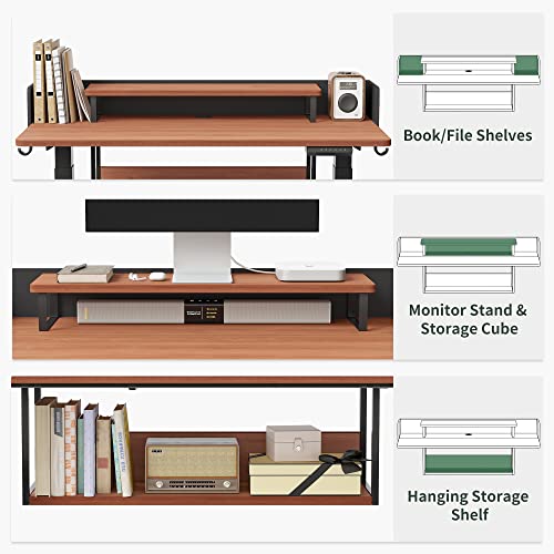 Image of FEZIBO Electric Height Adjustable Standing Desk with Double Shelves, 48 x 24 Inch Home Office Desk with Monitor Stand and Storage, Sit Stand Rising Desk, Nature