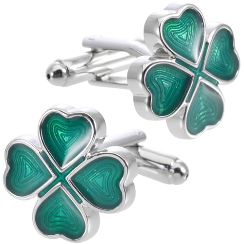 Green Four Leaf Clover Cufflinks for Men Lady In Gift Case Silver Good Luck Men's Cufflinks Jewelry Set for Wedding Party Anniversary Business Events Tuxedo Dress
