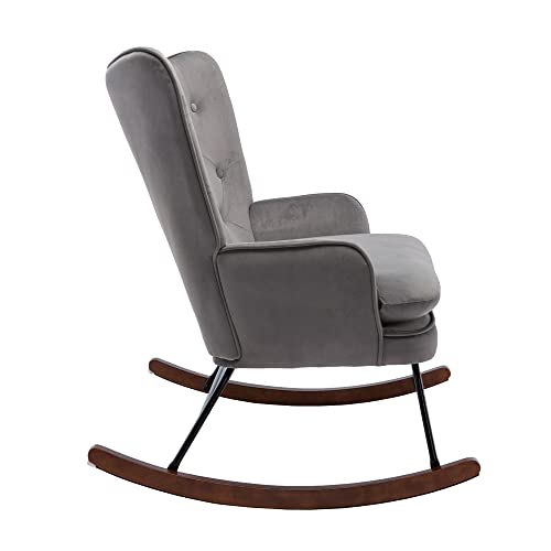 Homvent Velvet Nursery Rocking Chair Modern Upholstered Double Rocker Armchair With Tufted High Backrest Relax Rocking Loveseat Chair Accent Glider Rocker For Living Room, Bedroom, Baby Room, Gray #TOP7