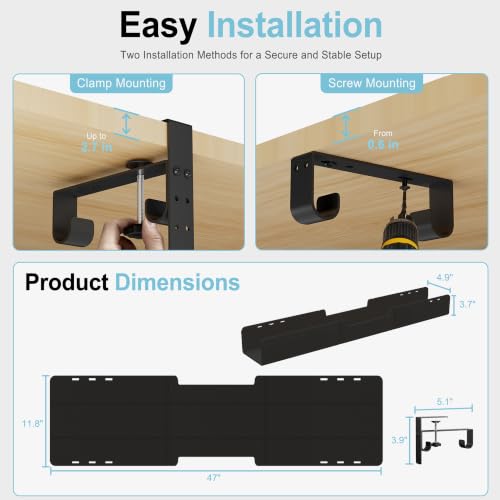 Image of No-Drill Under Standing Desk Cable Management,47.2 inch L,Black