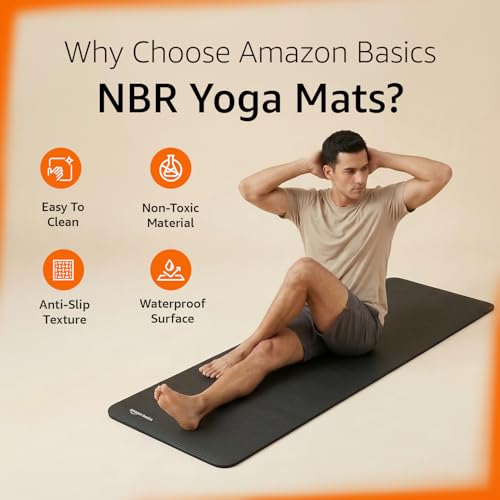 Image of Amazon Basics NBR Yoga & Exercise Mat with Carrying Strap | 15 mm Extra Thick Cushioned Support | Non-Slip Textured Surface | Durable Foam Rubber Material | Floor Protection | Ideal for Yoga, Pilates & Home Workouts | 183 x 61 cm | Black
