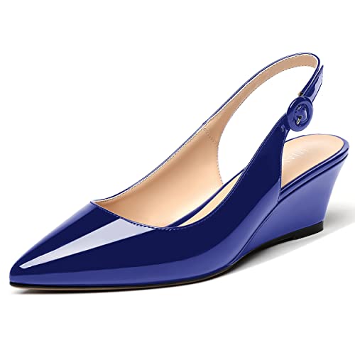 WAYDERNS Women's Pointed Toe Patent Slingback Buckle Wedge Low Heel Pumps Cute Evening Dress Shoes 2 Inch