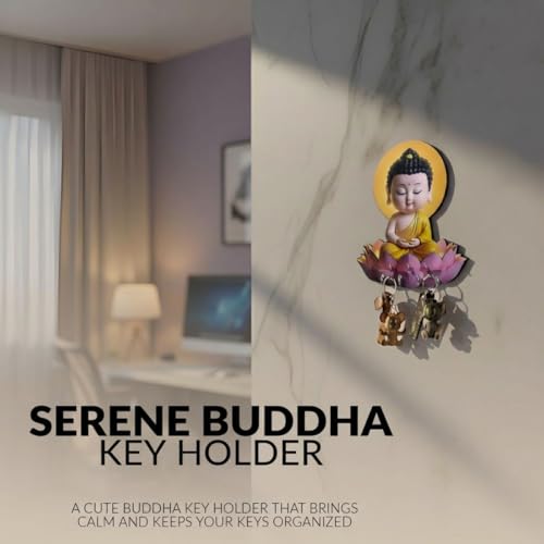 Image of Buddha Key Holder for Wall - Cute Meditating Buddha on Lotus Wooden Key Hanger with Multiple Hooks - Wall Mounted Key Stand & Entryway Organizer for Home Decor, Gift