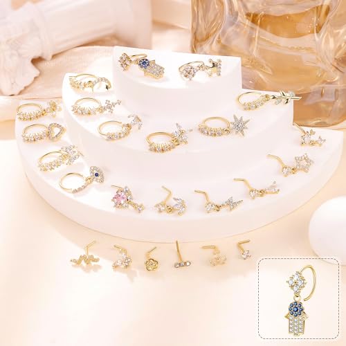 24Pcs 20G Surgical Steel Dangle Nose Ring for Women L Shaped Dangling Nose Stud Dainty Nose Hoop Set CZ Flower Leaf Heart Moon Star Butterfly Dangle Nose Piercing Jewelry3