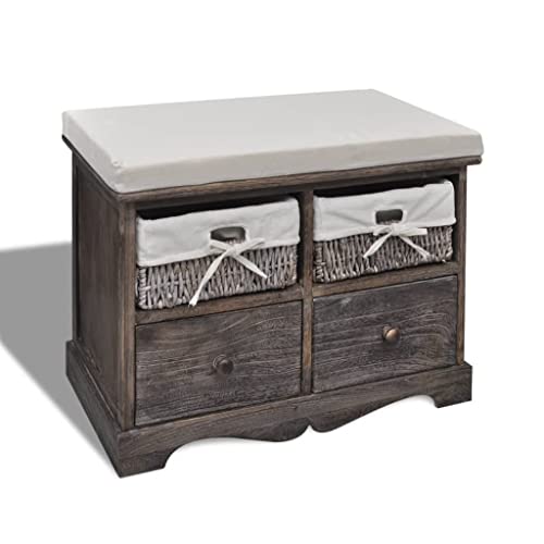 Cartvyn Banco con espacio de almacenamiento de madera de paulownia, marrón, 62 × 33 × 42 cm, acolchado con cojín, banco de almacenamiento para pasillo, pasillo, dormitorio, armario, zapatero, baúl