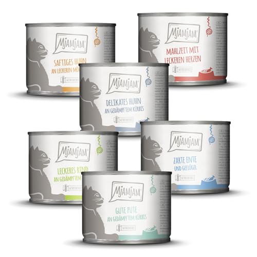 MjAMjAM Comida húmeda para gatos, Paquete mixto III, pollo y calabaza, pavo, pato y aves, corazones, pollo, ternera, paquete de 6 (6 x 200 g), sin cereales y con carne