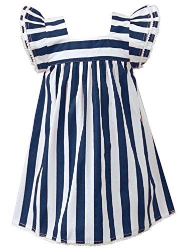 Image of A.T.U.N. (ALL THINGS UBER NICE) Girls Cotton Navy Striped Knee Length Flutter Sleeve Casual Dress