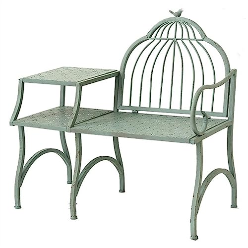 Banco de exterior Banco de jardín al aire libre de 37,4 'con mesa auxiliar de 2 niveles, banco de ocio retro de hierro rústico for patio trasero, silla de mesa de centro con balcón de metal verde anti