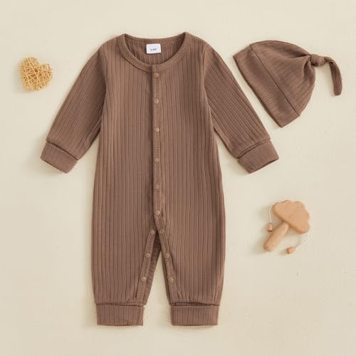 Winioder Newborn Baby Girl Boy Clothes Ruffle Ribbed Long Sleeve Button Romper Jumpsuit with Headband Hat Coming Home Outfit2