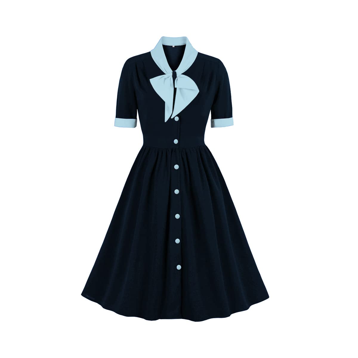 Robe de cocktail vintage à manches courtes et col noué pour femme - Style années 50 - Coupe trapèze - Style décontracté - Pour le bureau, le bal de fin d'année